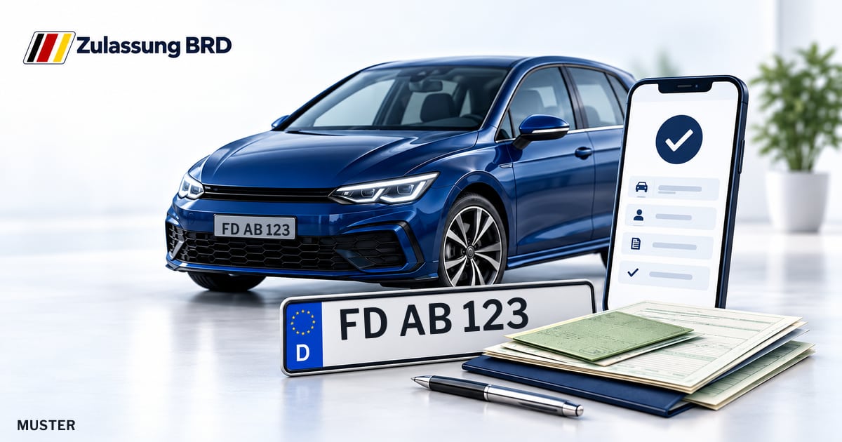 Online Fahrzeugzulassung in Eiterfeld: Musterkennzeichen FD AB 123, Auto und Fahrzeugpapiere und Smartphone. Illustration mit Logo von Zulassung BRD.